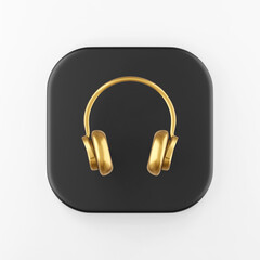 Poster - Gold headphones icon. 3d rendering black square key button, interface ui ux element.