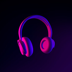 Poster - Headphones neon icon. 3d rendering ui ux interface element. Dark glowing symbol.