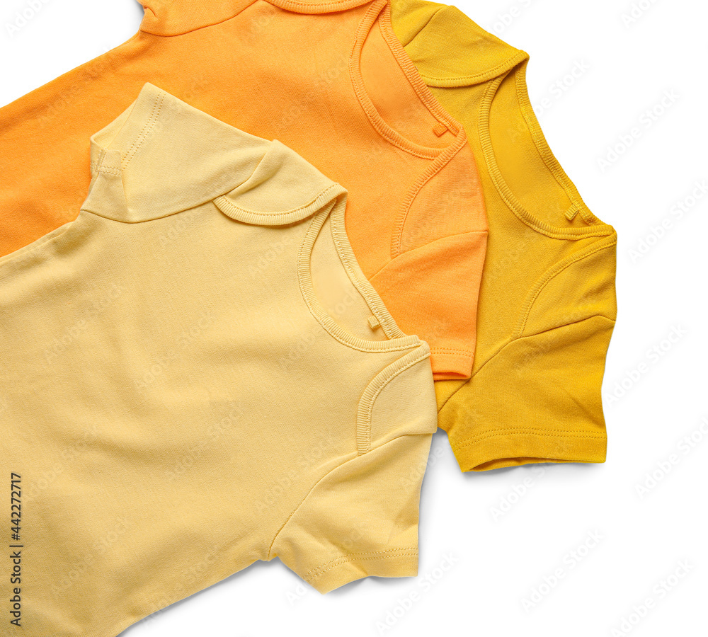 Baby clothes on white background, closeup