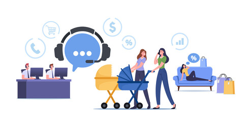 Wall Mural - distant shopping, telemarketing purchasing. young women walking with baby strollers call to client s