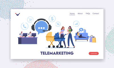 Wall Mural - telemarketing purchase landing page template. young women walking with baby strollers call to client