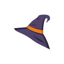 Pointed Purple Hat With Orange Ribbon. Element For Halloween, Witch Festival And Other Decorations. Vector Illustration