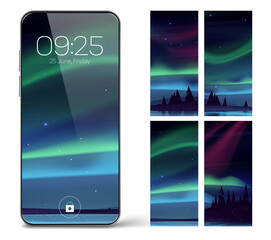 Poster - smartphone lock screen with aurora borealis. mobile phone onboard page with date and time, northern 