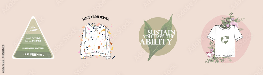 sustainable textile, slow fashion icons and symbols. concept of recycling, up cycling, reuse, hand made, slow fashion, fair trade, responsible materials, made from waste, eco friendly fabric clothing - obrazy, fototapety, plakaty 