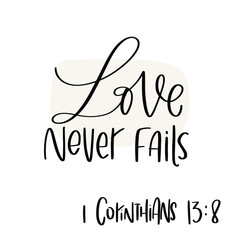 Wall Mural - 1 Corinthians 13:8 Love never fails Bible verse that can be used for the wedding or engagement. Vector calligraphy design with short words about endless love.