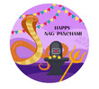 Happy Nag Panchami greeting card with king cobra. Snake Festival in India. Vector illustration.