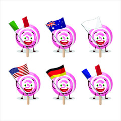 Wall Mural - Lolipop spiral cartoon character bring the flags of various countries. Vector illustration