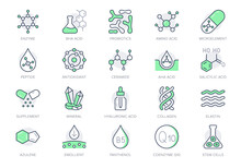 Cosmetic Compounds Line Icons. Vector Illustration Include Icon - Vitamin, Antioxidant, Coenzyme Q10, Collagen Outline Pictogram For Beauty Chemical Components. Green Color, Editable Stroke