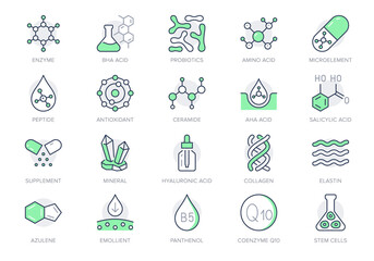 Cosmetic compounds line icons. Vector illustration include icon - vitamin, antioxidant, coenzyme q10, collagen outline pictogram for beauty chemical components. Green color, Editable Stroke