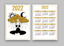 Tarot Calendar For 2022, Yoga Girl Meditating With Sun And Moon, Esoteric Boho Design. Week Starts On Monday. Vertical Two-sided Calendar Design Template.