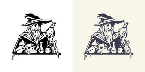 old mysterious wizard in a hat with an elixir in his hand. an alchemist at his table with ingredient