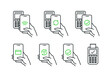 NFC wireless pay technology linear icon set. Contactless payment process symbols. Hand holding smartphone next to the POS terminal. Isolated vector line illustrations on white background.