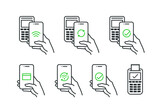 Fototapeta  - NFC wireless pay technology linear icon set. Contactless payment process symbols. Hand holding smartphone next to the POS terminal. Isolated vector line illustrations on white background.
