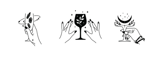 Wall Mural - Elegant female hands holding glasses with mystic elements. Esoteric spiritual symbols. Vector celebration illustrations in linear style on white background. Trendy astrological design elements.