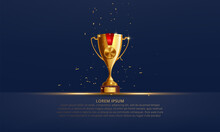 Realistic Golden Trophy Cup Set Isolated On Dark Blue Background