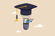 © Nuthawut - Education or knowledge to growth career path, working skill to success in work, learn or study new course for business success concept, businessman fly graduation mortar hat balloon see future vision.