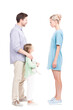 © Mediaphotos - Vertical full length shot of little girl standing with her father and mother watching them quarrelling about something, white background