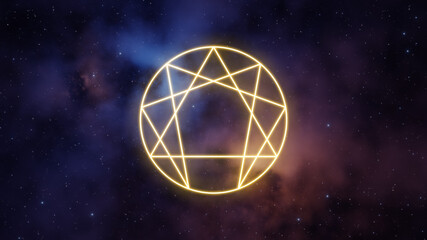 Wall Mural - enneagram symbol in yellow color on a background of the universe with nebulae