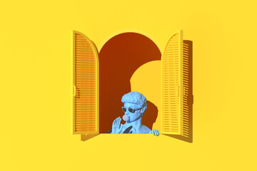 Poster - Minimal scene of human sculpture in window on yellow wall background, Minimal concept, 3d rendering.