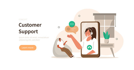 Poster - character talking with customer support on smartphone. female customer service agent helping to clie