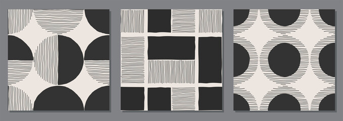 Set of trendy minimalist seamless pattern with abstract hand drawn composition