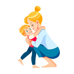 Wall Mural - European mother and child. The blonde mother embraces the blue-eyed boy with great love and tenderness. Mother's Day is a concept of a holiday. Cartoon flat isolated vector design