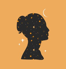 Wall Mural - Hand drawn vector abstract stock flat graphic illustration with logo element,bohemian astrology magic art of galaxy space,crescent moon,stars,sun and woman silhouette,simple style for branding.