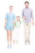 © Mediaphotos - Vertical full length studio shot of joyful Caucasian man, woman and their cute daughter holding hands jumping together, white background