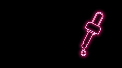 Sticker - Glowing neon line Pipette with oil icon isolated on black background. Organic aromatherapy essence. Skin care serum glass drop package. 4K Video motion graphic animation