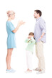 © Mediaphotos - Vertical full length side view studio shot of husband and wife having conflict quarrelling, their daughter feeling sad about it, white background