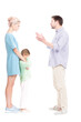 © Mediaphotos - Vertical full length side view studio shot of husband and wife having conflict quarrelling, their daughter feeling sad about it, white background