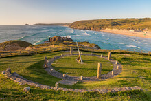 The View Across Perranporth, Cornwall In Early Summer, With The Sundial In The Foreground