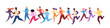 Jogging athletes. Running men and women in winter tracksuits. Sports competitions, training, athletics. Marathon race, 5k run, sprint. Healthy active lifestyle. Vector illustration.