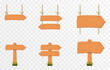 Set of cartoon wooden pointers, plates. Wooden pointers, plaques on an isolated transparent background. PNG.