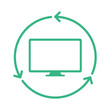 Recycling TV or computer sign. PC monitor inside circle arrows. Electronic waste management. Personal computer buyback icon. Reusable materials. Sustainable technology. Vector illustration, clip art.