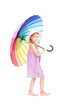 © Mediaphotos - Vertical full length studio portrait of cute Caucasian girl wearing summer dress and hat holding colorful umbrella posing on camera, white background