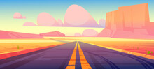 Road In Desert Scenery Landscape With Rocks And Cracked Dry Ground. Straight Empty Highway In Arizona Grand Canyon, Asphalted Way Disappear Into The Distance. Deserted Land Cartoon Vector Illustration