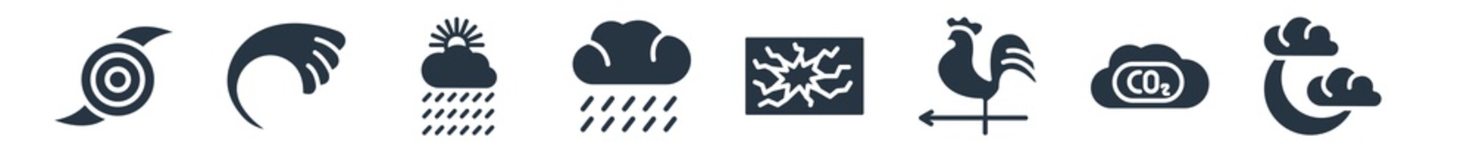 meteorology filled icons. glyph vector icons such as meteorology, co2 gas, weathercock, cracked ground, drizzle, weather, tsunami wave sign isolated on white background.