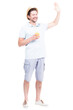 © Mediaphotos - Vertical full length side view portrait of cheerful handsome bearded Caucasian man wearing summer outfit drinking fruit juice, white background