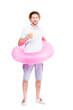 © Mediaphotos - Vertical full length side view portrait of cheerful handsome bearded Caucasian man wearing summer outfit and swim ring drinking fruit juice