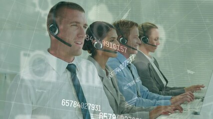 Sticker - Animation of digital icons with numbers changing over business people using phone headsets