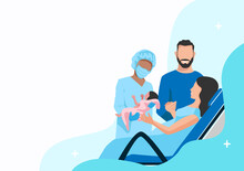 A Pregnant Woman Gives Birth To A Baby In A Maternity Hospital. Partner Childbirth. Thanks To The Doctors And Nurses. Vector Horizontal Illustration On A Background With Copy Space For Text.