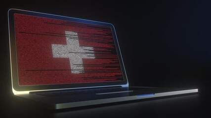 Flag of Switzerland made with computer code on the laptop screen. Hacking or cybersecurity related 3d animation