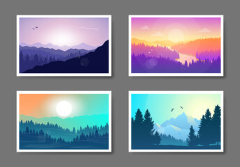 Abstract landscape set, Vector banners set with polygonal landscape illustration, Minimalist style, Flat design, Travel concept of discovering, exploring, observing nature. Hiking. Adventure tourism.