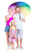 © Mediaphotos - Vertical full length studio portrait of family with one little daughter wearing summer outfits spending time on vacation, white background