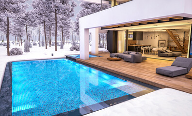Wall Mural - 3d rendering of modern cozy house with pool and parking for sale or rent in luxurious style and beautiful landscaping on background. Cool winter evening with cozy light from windows