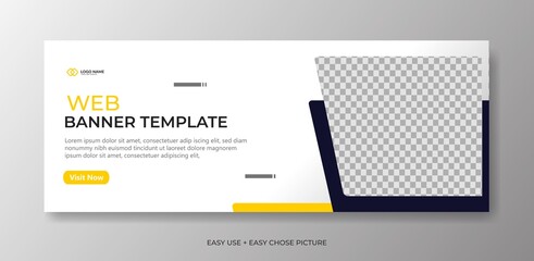 Wall Mural - Editable banner web template with blue yellow white background. Minimal, modern vector illustration