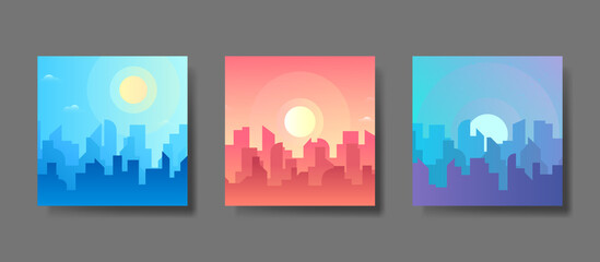 Morning, day and night city skyline landscape, town buildings in different time and urban cityscape town sky. Daytime cityscape. Architecture silhouette background collage set. Flat design