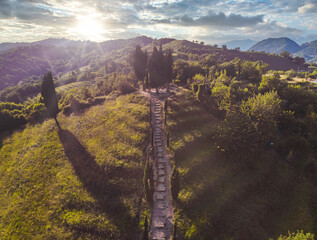 Aerial view of beautiful terraces countryside during sunlight. Montevecchia, Lecco, Italy