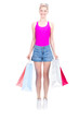 © Mediaphotos - Vertical full length studio portrait of stylish young woman wearing summer outfit carrying shopping bags, white background